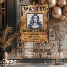 an old wanted poster with gold balloons in the background and a brick wall behind it