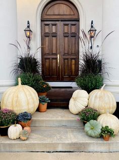 pumpkins and plants on the front steps of a house