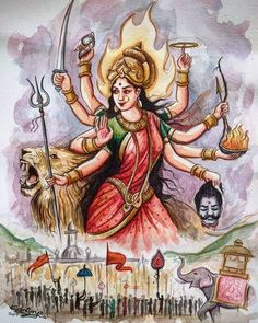 the hindu goddess is depicted in this watercolor painting