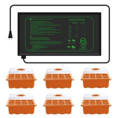 six plastic trays with lids and wires attached to the back of each container, all lined up against a white background