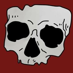 a white skull with black eyes on a red background