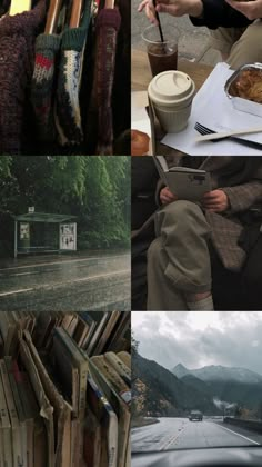 the collage shows several different scenes with books and coffee