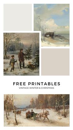 three pictures with the title free printables for vintage winter and christmas paintings on them