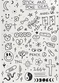 a black and white drawing with lots of different symbols