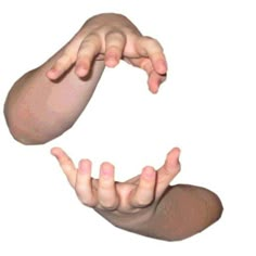 two hands reaching out towards each other with their fingers extended up to form the letter c