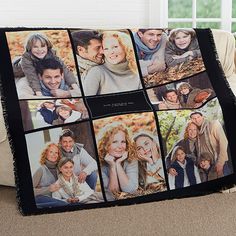 a blanket with multiple pictures of people on it in front of a couch and window