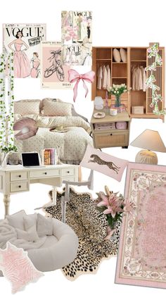 a collage of pink and white items including a bed, desk, chair, rug