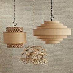 two circular wooden lights hanging from chains on a wall next to a potted plant