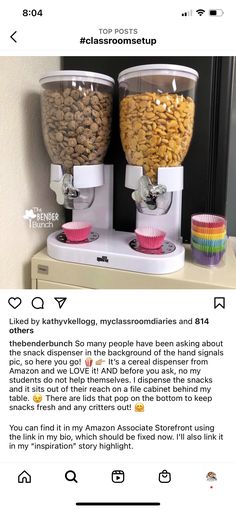 two cups filled with cereal sitting on top of a counter next to each other,