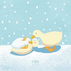 two ducks are in the snow with one duckling on its back and another duckling on it's head