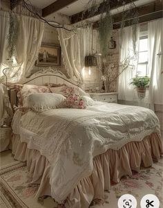 an old fashioned bed with pink ruffled bedspread and pillows in a bedroom