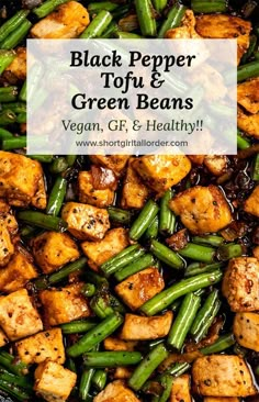 black pepper tofu and green beans in a skillet with the title overlay