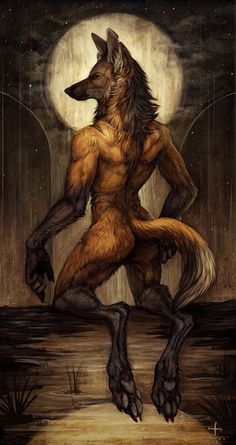 a painting of a wolf standing in front of a full moon with his legs spread out