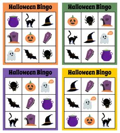 four halloween themed games with pumpkins, bats and other items for the wording