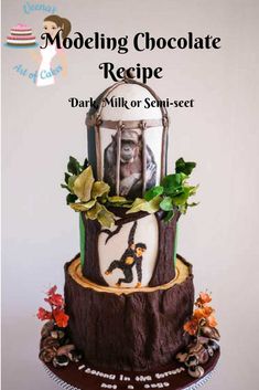 a three tiered cake with an image of a dog in a cage on top