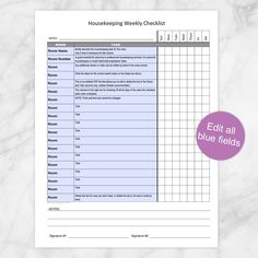 a printable house cleaning checklist with the words edit all blue fields on it