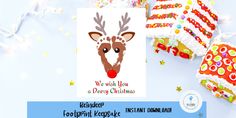 a christmas card with a reindeer's head on it next to other holiday decorations