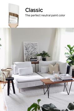 a living room with white furniture and plants