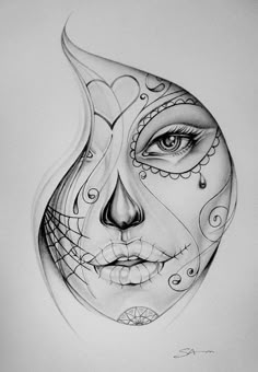 a pencil drawing of a woman's face with an intricate design on the side