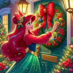 the little mermaid is opening her christmas door to greet someone with an extra bow on her head