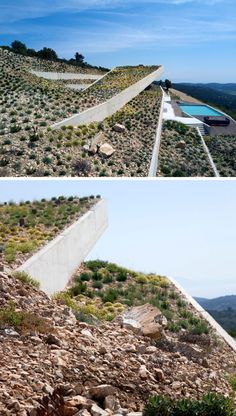 two pictures of the side of a building with rocks and plants on it, one has a swimming pool