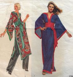 two women's clothing patterns, one in blue and the other in red