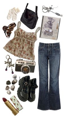 a woman's clothing and accessories including shoes, purses, sunglasses, an old fashion camera