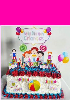 a birthday cake is decorated with children and balloons