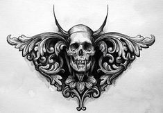 a black and white drawing of a skull with horns on it's back side