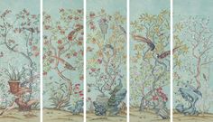 four panels with birds and flowers painted on the wall in different stages of growth, from left to right