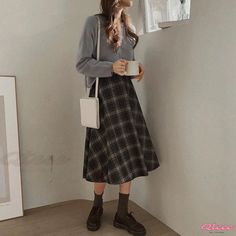 Qteee - Classic Plaid High-Waisted Midi Skirt with Elastic Waist and Full Swing Design, Includes Belt Long Umbrella, Skirt With Elastic Waistband, Bodycon Midi Skirt, Umbrella Skirt, Matching Sweaters, Crop Top Dress, Skirts Midi High Waisted, Long Sleeve Short Dress, Vintage Plaid