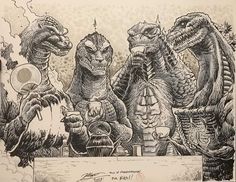 an ink drawing of three godzillas sitting next to each other