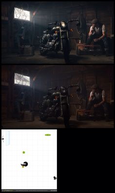 two images of a man sitting on a motorcycle in a garage, and another photo of a person working on the bike