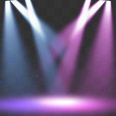 three spotlights are shining brightly on a stage with purple and blue lights in the background