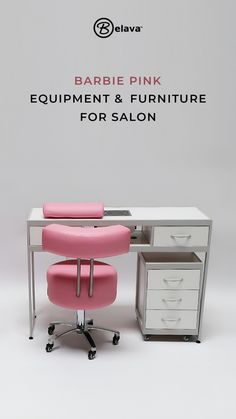 a pink chair sitting in front of a desk with drawers on top of it and the words barbie pink equipment & furniture for salon