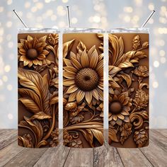 three panels with flowers and leaves on them, each panel has an acrylic effect