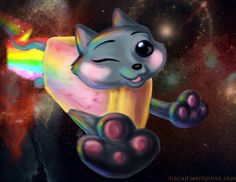 a cartoon cat flying through the air with a rainbow in its mouth and stars in the background