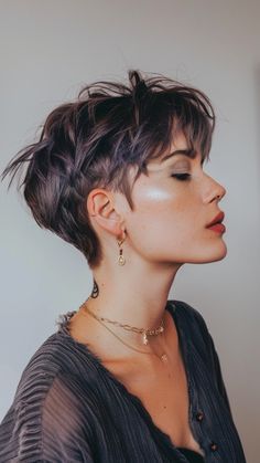 Feathery Pixie Haircut, Womens Short Undercut, Short Pixie Dark Hair, Pixie With Bandana, Edgy Bangs Short Hair, Short Tapered Pixie Haircut, Short Hairstyle Women Edgy, 70s Pixie Haircut, Butch Haircuts Women