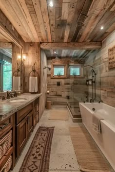 a large bathroom with wooden walls and flooring