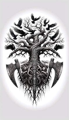 an image of a tree with two axes and birds on it, surrounded by crows