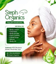 a woman with a towel on her head and green leaves around her neck, in front of a white background that says steph organics your skin should care