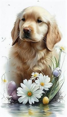 a painting of a golden retriever sitting in the grass with daisies and eggs