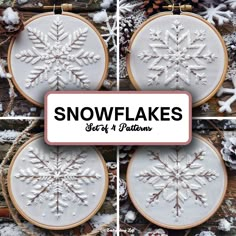 three snowflakes are shown in four different frames with the words, set of 4 patterns