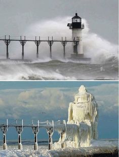 two different views of the ocean with waves crashing in front of a lighthouse and an ice covered pier