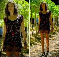 two pictures of a woman walking in the woods, one is wearing a dress with flowers on it