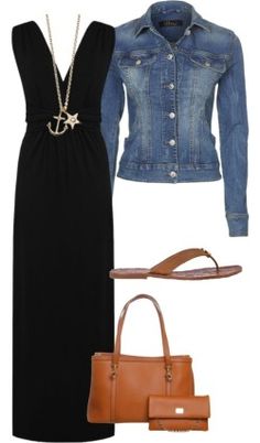 Black maxi dress outfit with denim jacket, brown tan handbag purse, brown shoes sandals Black Maxi Dress Outfit, Sukienki Maksi, Fancy Fashion, Maxi Dress Outfit, Celine Luggage, Travel Dress, Mode Casual, Small Handbag, Lifestyle Tips