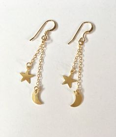 Moon and Stars Dangle Earrings, Threader Earrings, Moon and Stars Earrings, Moon Drop Earrings, Chan Gold Earrings With Star Charm, Gold Sterling Silver Earrings With Star Charm, Celestial Style Dangle Earrings With Star Charm, Celestial Dangle Earrings With Star Charm, 14k Gold Filled Drop Earrings With Dangling Charms, Dainty Gold Earrings With Star Charm, 14k Gold Filled Moon Charm Dangle Earrings, Dainty Star Charm Drop Earrings, Celestial Yellow Gold Dangle Earrings