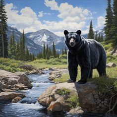 a painting of a black bear standing on rocks by a stream and mountains in the background