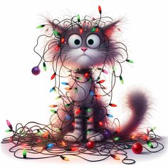 a cat with christmas lights around it's neck and eyes, sitting on the ground