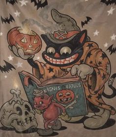 a drawing of a cat reading a book with pumpkins and bats around it on a wall